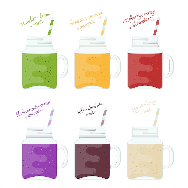 Ensemble d&#39;illustration de bocaux en verre avec des smoothies colorés. Aliments sains naturels. Smoothie boissons vitamines