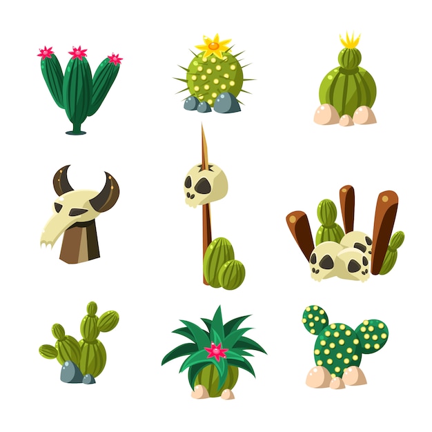 Vecteur ensemble d'illustration de cactus et de crâne de fleur