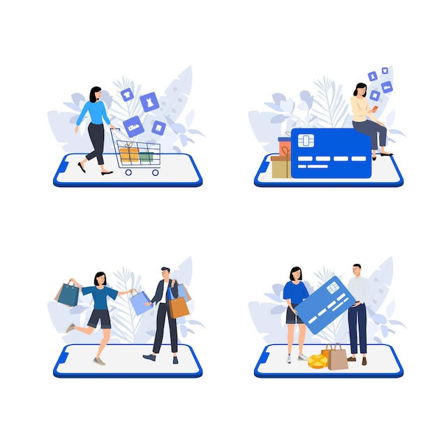 Ensemble D'illustration De Concept De Magasinage En Ligne