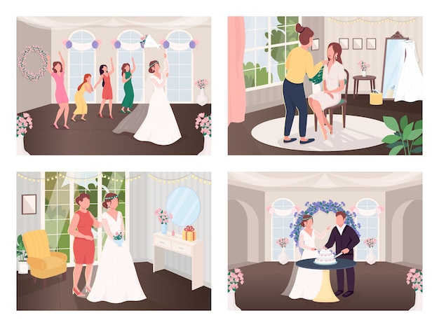 Vecteur ensemble d'illustration couleur plat traditions de célébration de mariage