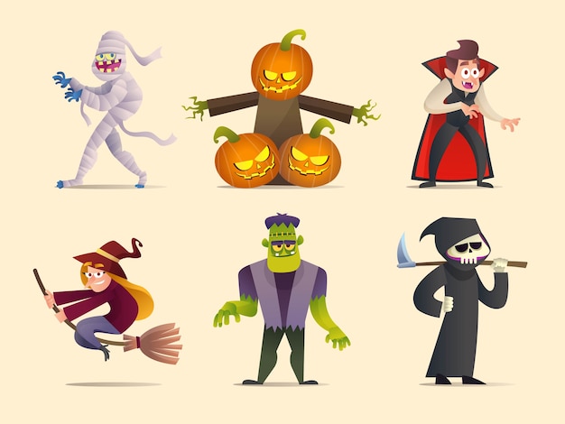 Vecteur ensemble d'illustration de dessin animé de collection de personnages halloween