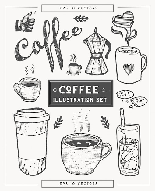 Ensemble d'illustration dessiné à la main de café.