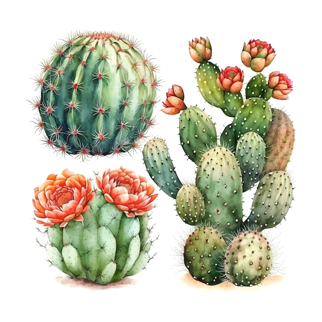 Ensemble d'illustration dessinée à la main de cactus à l'aquarelle