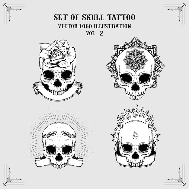 Vecteur ensemble d'illustration du logo de mascotte de tatouage de crâne