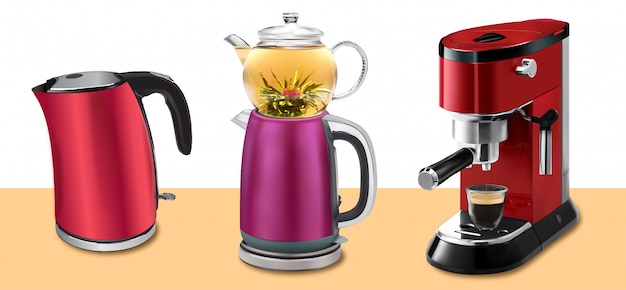 Ensemble d'illustration de machine à café rouge avec tasse de café, bouilloire rouge et bouilloire turque traditionnelle avec théière isolée