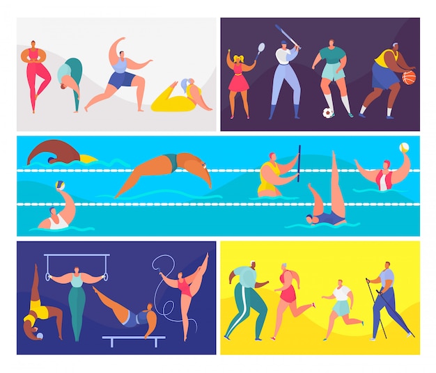 Vecteur ensemble d'illustration de personnes de sport de dessin animé, personnage homme femme dans une activité sportive saine, formation, natation ou faire du yoga