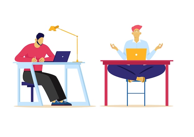 Ensemble d'illustration plat de jeunes garçons travaillant à domicile Garçon travaillant sur ordinateur portable dans une pose de yoga