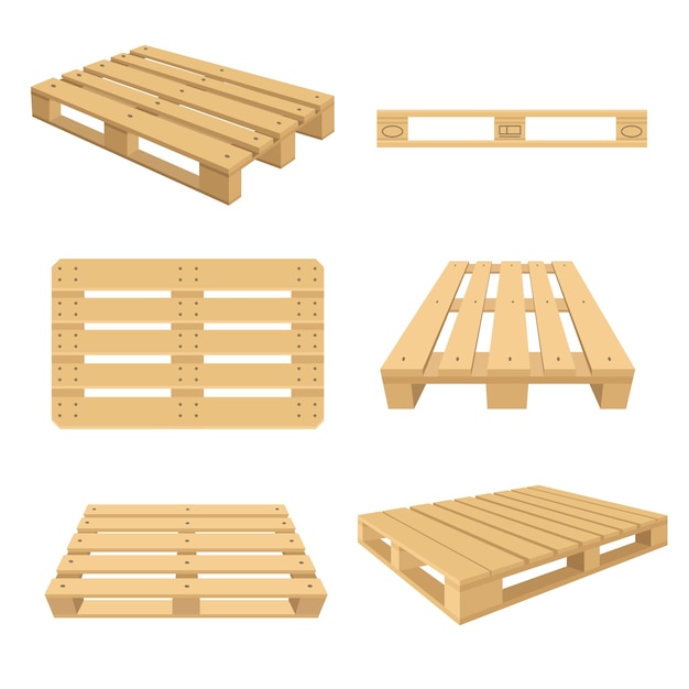 Vecteur ensemble d'illustration plate de palettes en bois de dessin animé. palettes en bois colorées à empiler de différents côtés