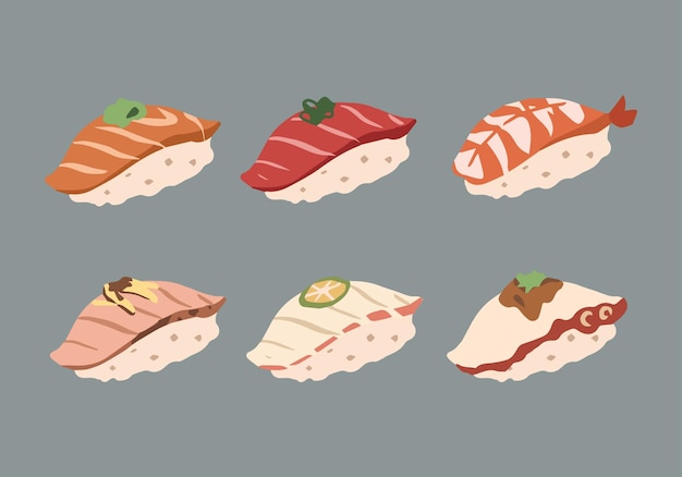 Ensemble d'illustration plate de vecteur de sushi nigiri japonais