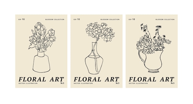 Vecteur ensemble d'illustration vectorielle d'affiches florales à l'encre avec différentes fleurs et vase art pour impressions fond de bannière d'art mural