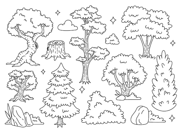 Vecteur ensemble d'illustration vectorielle d'arbre forestier doodle