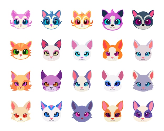 Vecteur ensemble d'illustration vectorielle de dessin animé de tête de chat mignon illustration d'avatar de visage de chat