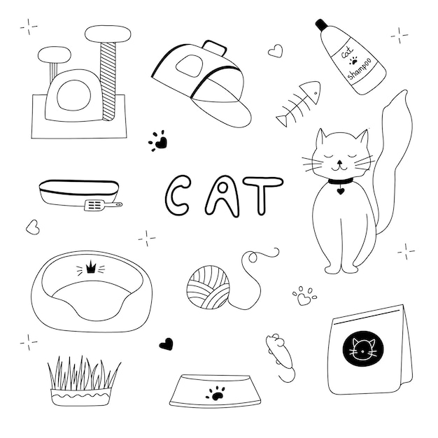 Vecteur ensemble d'illustration vectorielle dessinés à la main d'accessoires pour chat