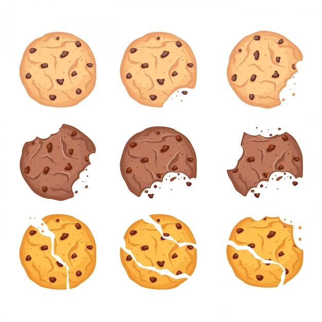 Vecteur ensemble d'illustration vectorielle de différentes formes de biscuits à l'avoine, au chocolat et au blé avec des gouttes de chocolat et des miettes