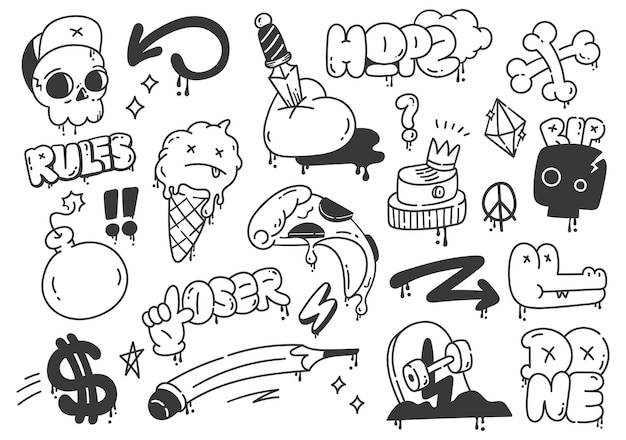 Ensemble D'illustration Vectorielle De Doodle Graffiti Dessinés à La Main