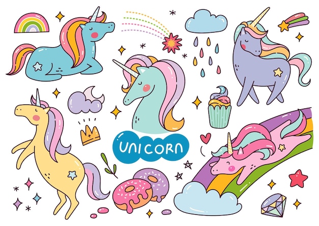 Ensemble D'illustration Vectorielle De Licorne Dessin Animé Kawaii Doodle