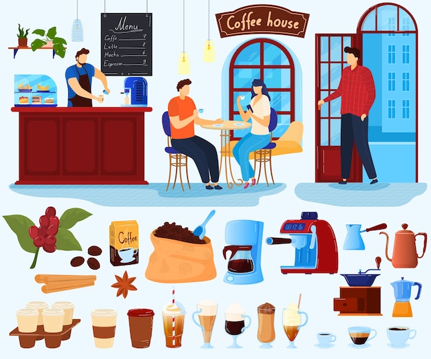 Vecteur ensemble d'illustration vectorielle de maison de café, personnage d'amant de café plat de dessin animé buvant, barista fait un menu de boissons fraîches chaudes