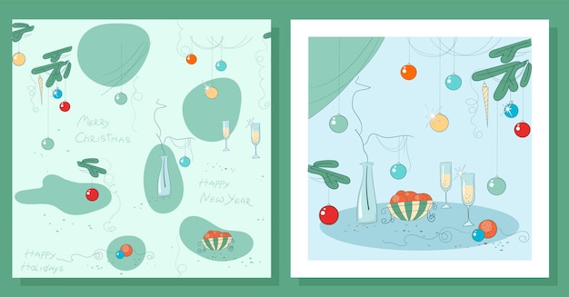 Ensemble D'illustration Vectorielle Et Modèle Sans Couture Vacances D'hiver Champagne Oranges Et Sapin De Noël