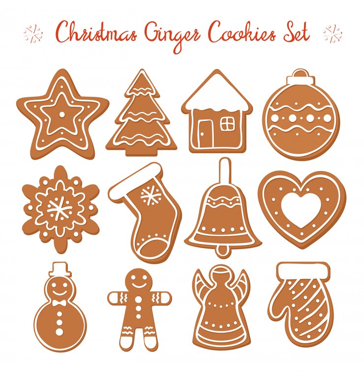 Vecteur ensemble d'illustration vectorielle de pain d'épice de noël sertie de glaçure décorative blanche. biscuits au gingembre dans le style de noël isolé sur fond blanc dans un style cartoon plat.