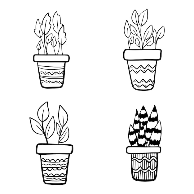 Ensemble D'illustration Vectorielle De Plante D'intérieur Avec Des Plantes D'intérieur De Conception De Doodle De Ligne Simple Dans Des Pots Décoratifs