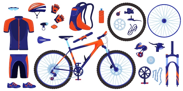 Ensemble D'illustration Vectorielle De Vélo Vélo, Collection D'éléments Infographiques De Pièces De Cycle Plat De Dessin Animé D'équipement De Cycliste, Vêtements De Sport