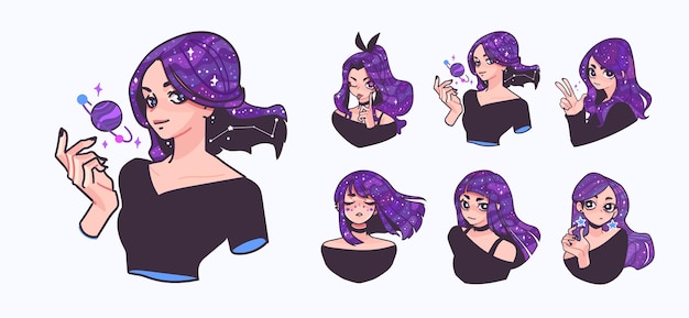 Vecteur ensemble d'illustrations d'une adolescente mignonne avec des étoiles et des planètes dans les cheveux humanisation de la galaxie