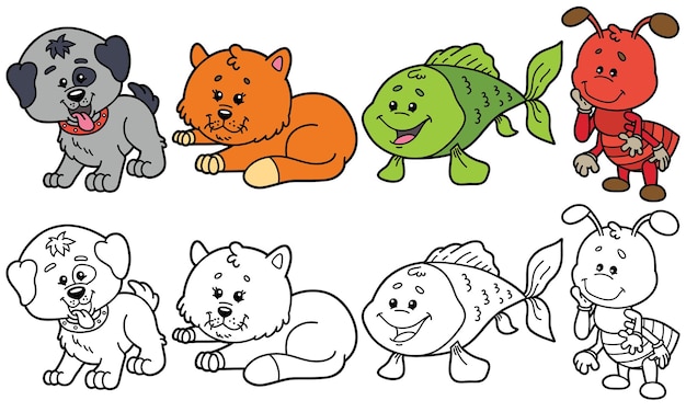 Vecteur ensemble d'illustrations d'animaux de dessin animé et de variantes pour livre de coloriage