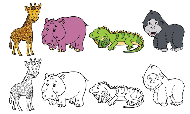 Vecteur ensemble d'illustrations d'animaux de dessin animé et de variantes pour livre de coloriage