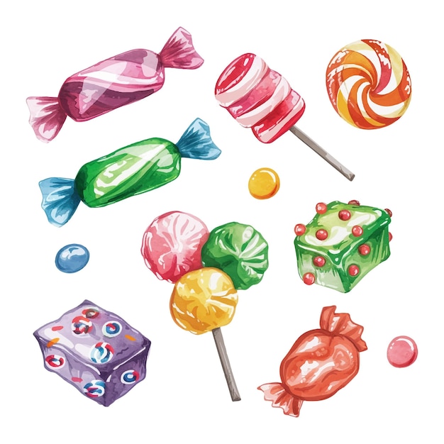 Vecteur un ensemble d'illustrations à l'aquarelle de bonbons colorés