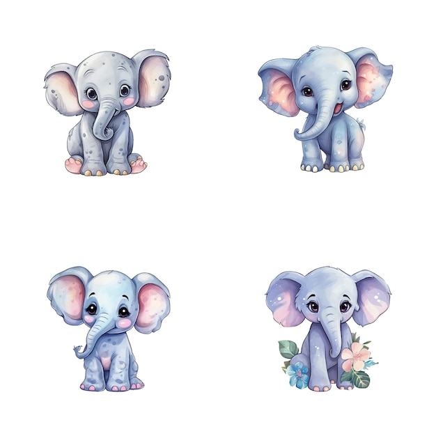 un ensemble d'illustrations d'aquarelle d'éléphants mignons safari animaux de la jungle vecteur