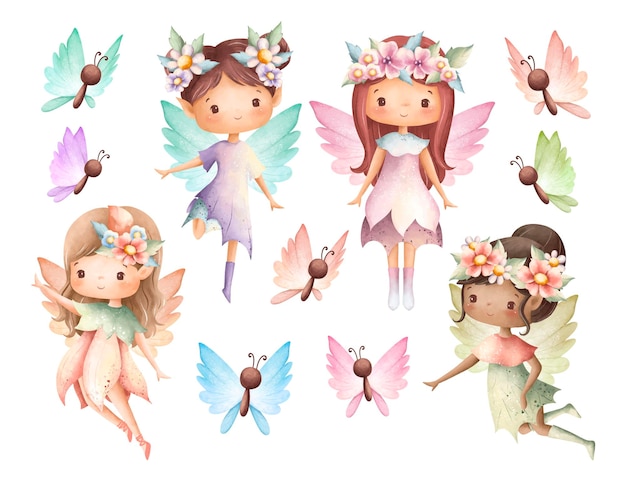 Ensemble d'illustrations à l'aquarelle de petites fées avec des fleurs et des papillons