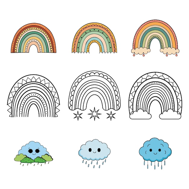 Un ensemble d'illustrations d'articons vectorielles de l'arc-en-ciel boho sur un fond blanc
