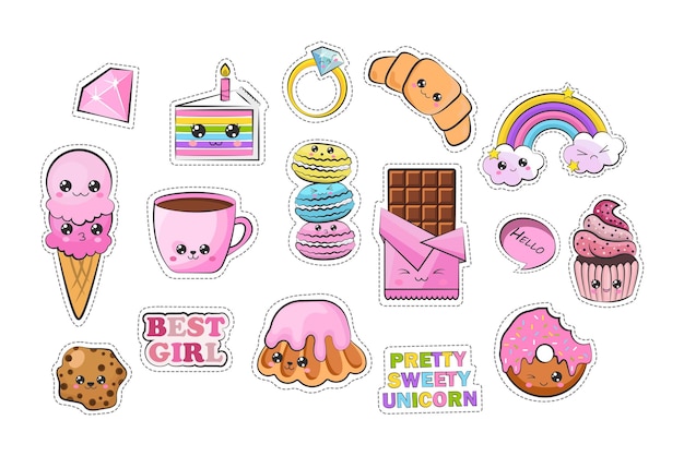 Ensemble d'illustrations d'autocollants Kawaii mignons. La collection se compose de seize différents kawaii