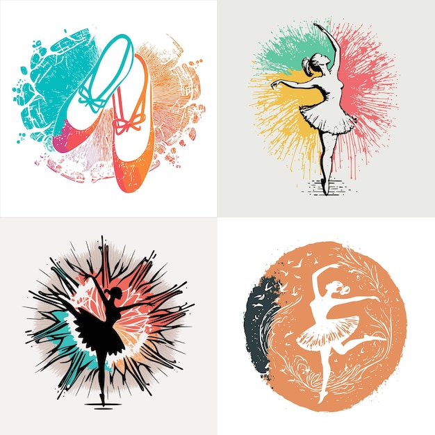 Ensemble d'illustrations de ballet - chaussures de ballet colorées et ballerines dansantes.