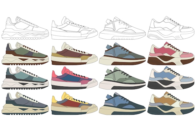 Ensemble d'illustrations de baskets dans des dessins colorés baskets vectorielles dessin au trait isolé modèle d'illustration de chaussure de regroupement