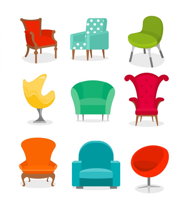 Vecteur ensemble d'illustrations de beaux fauteuils colorés différents sur fond blanc en style cartoon.