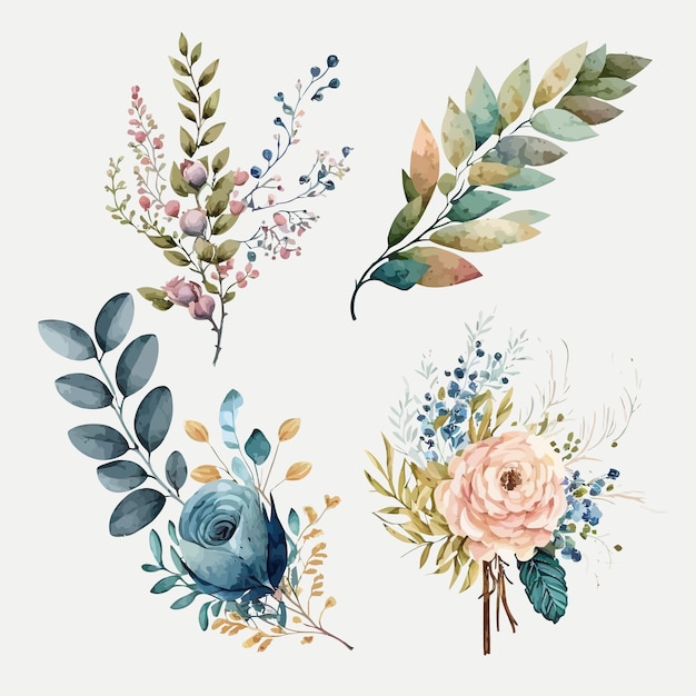 Ensemble D'illustrations De Bouquet Floral Aquarelle Blush Rose Bleu Jaune Fleur Feuille Verte Feuilles Branches