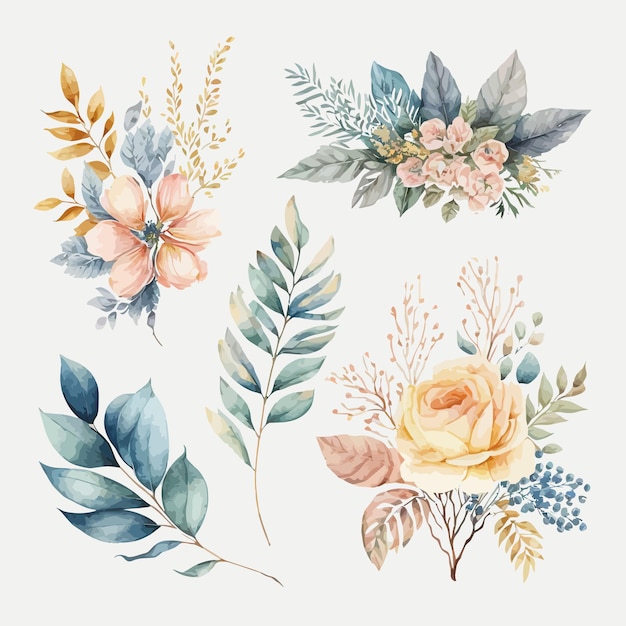 Ensemble d'illustrations de bouquet floral aquarelle blush rose bleu jaune fleur feuille verte feuilles branches