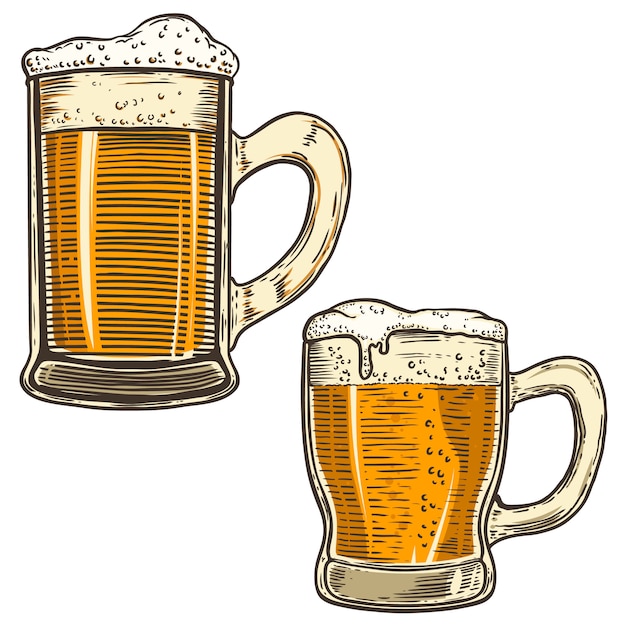 Vecteur ensemble d'illustrations de chope de bière dessinés à la main sur fond blanc. élément pour affiche, carte, menu, bannière, flyer. image