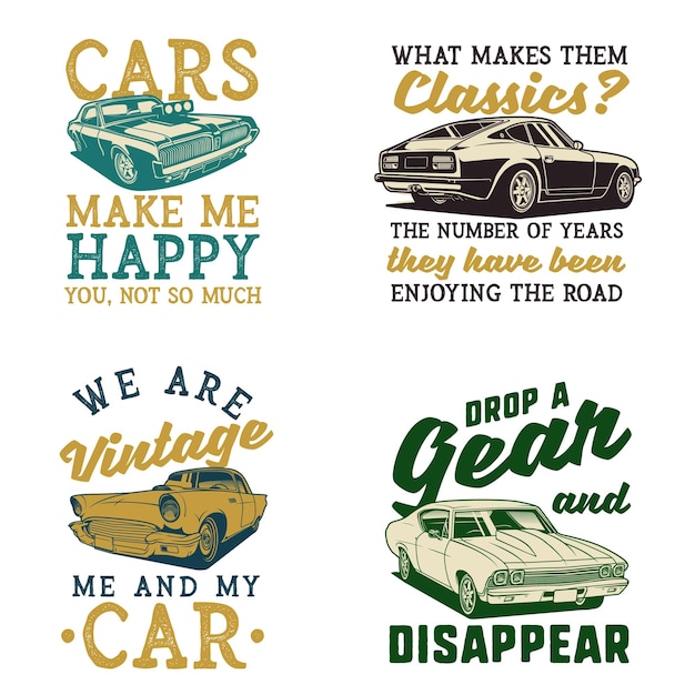 Vecteur ensemble d'illustrations de citations de voitures classiques