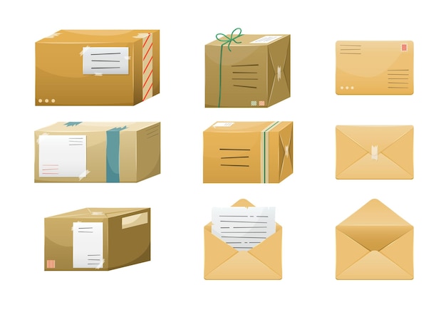 Ensemble d'illustrations de colis postaux dans des boîtes avec une adresse de livraison et des enveloppes