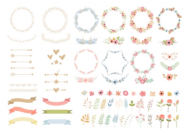 Vecteur ensemble d'illustrations colorées de décoration élégante de fleurs de mariage