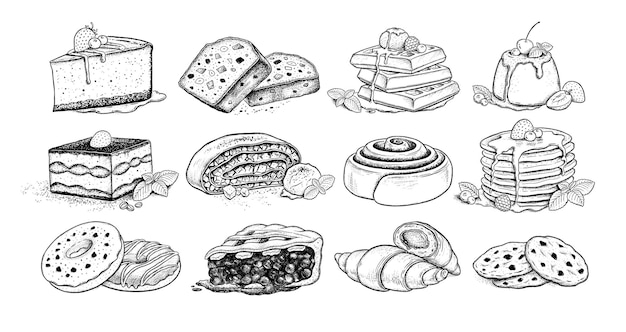 Ensemble d'illustrations de croquis de desserts et de produits de boulangerie