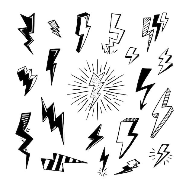 Vecteur ensemble d'illustrations de croquis de symbole de boulon de foudre électrique doodle vecteur dessiné à la main illustration vectorielle de tonnerre