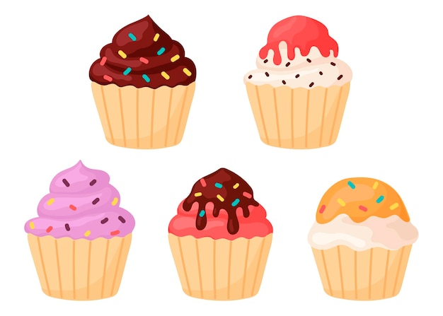 ensemble d'illustrations de cupcakes de desserts en style cartoon