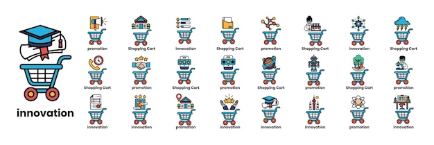 Ensemble d'illustrations dans le concept de chariots et d'objets dans le style de l'art en ligne