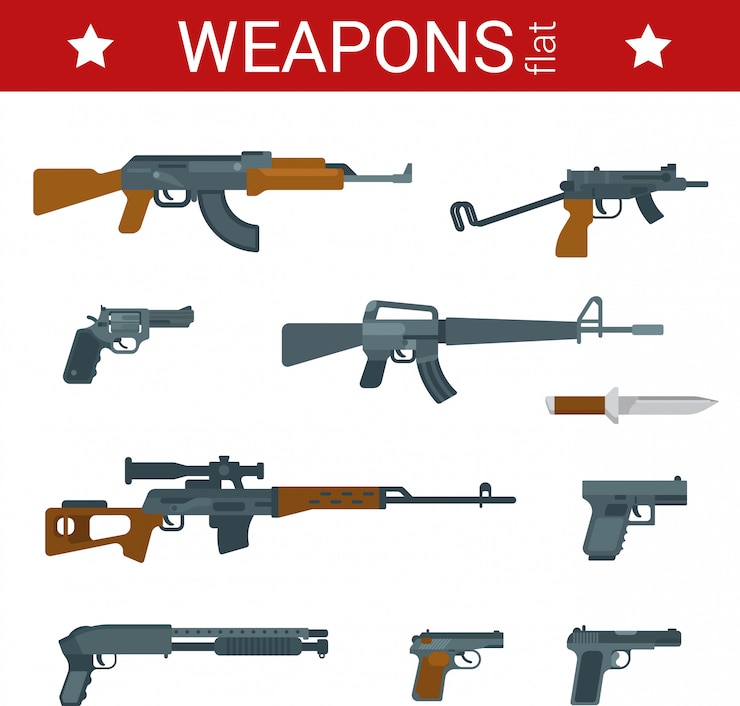 Vecteur ensemble d'illustrations design plat armes dessin animé.