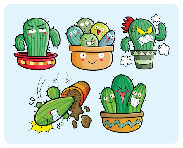 Ensemble D'illustrations D'expression De Personnages De Cactus Drôles