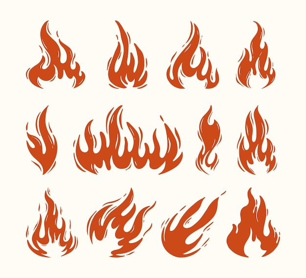 Ensemble d'illustrations de flammes dessinées à la main