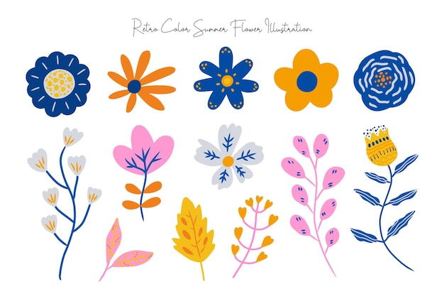 Un Ensemble D'illustrations De Fleurs Dessinées à La Main Mignonnes Avec Des Couleurs De Palette D'été